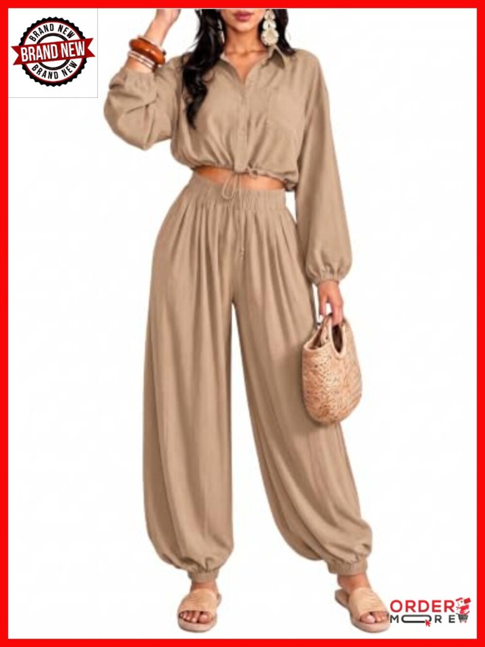 Women's 2 Piece Crop Top & Wide Leg Balloon Pant Set Polyester Casual
